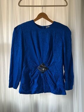 Vintage Exit Shop 80s Silk Beaded Blouse – Royal Blue Jacquard, Cinched Waist